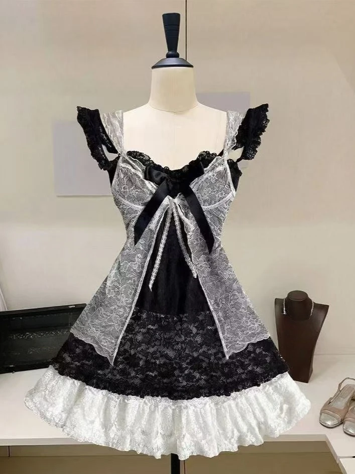 2026 Sweet Kawaii Lolita Cake Dress Women Japanese Vintage Lace Bow Ruffle Dress Harajuku Y2k Slim Bandage Dress Summer Fashion
