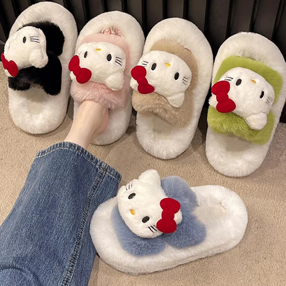 

Плюшевые хлопковые тапочки в стиле аниме «Hello Kitty», осенне-зимние женские милые домашние фланелевые теплые хлопковые тапочки Sanrio для девочек, милый новый подарок
