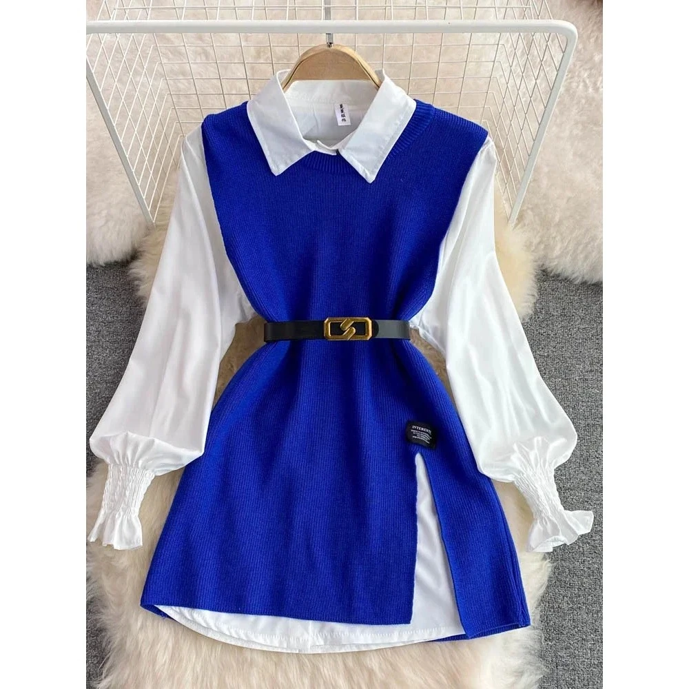 New Autumn Fashion Korean Office Lady Lapel Lantern Sleeves White Shirt +V-neck Knitted Vest Casual Two-piece Set Clothes Women