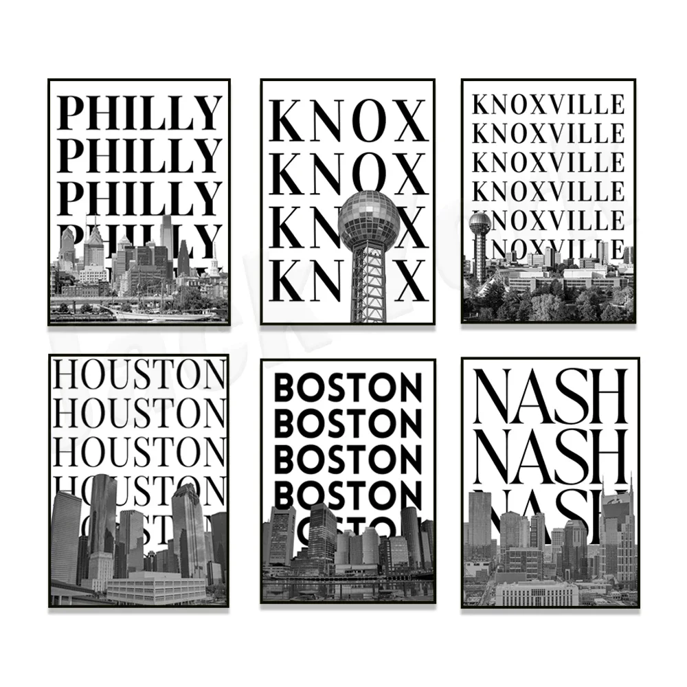 Philadelphia, Dallas Texas, Knoxville, Houston, Massachusetts, Chicago, Nashville, Knoxville, Austin skyline travel poster