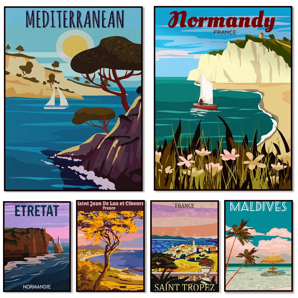 Carteles de viaje de Normandía, Francia, Costa Etrética, Brittania, Saint Tropez, Alpes, Faro de Florida, Tahití, Costa mediterránea