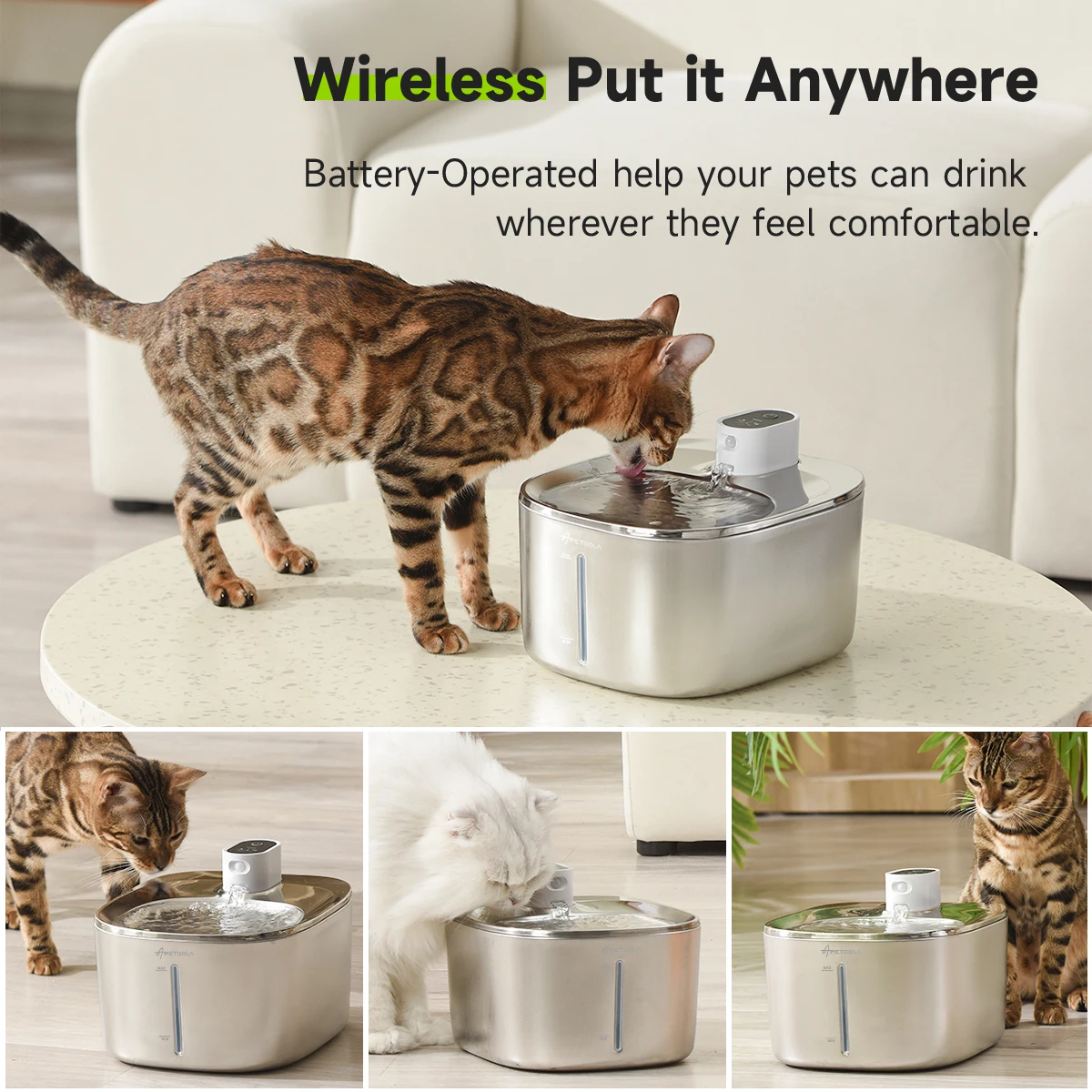APETDOLA 4L Automatic Stainless Steel Cat Water Fountain 4000mAh Wireless Cat Dog Drinker Pet Water Dispenser with 2pcs Filters
