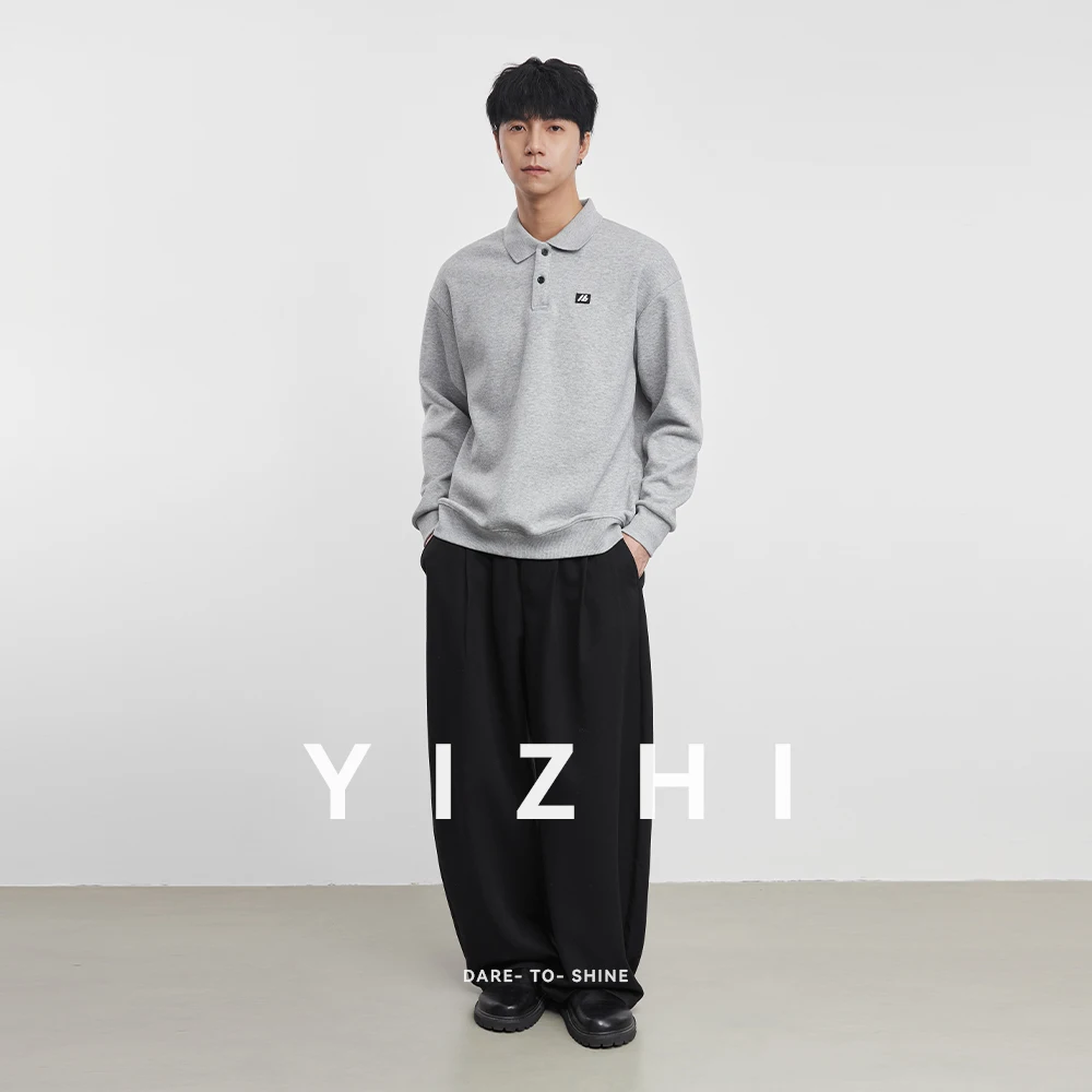 Fashio Men's Casual Polo Neck Sweatshirt 2025 Winter New Logo Print Comfortable Soft Long Sleeve Pullover Top