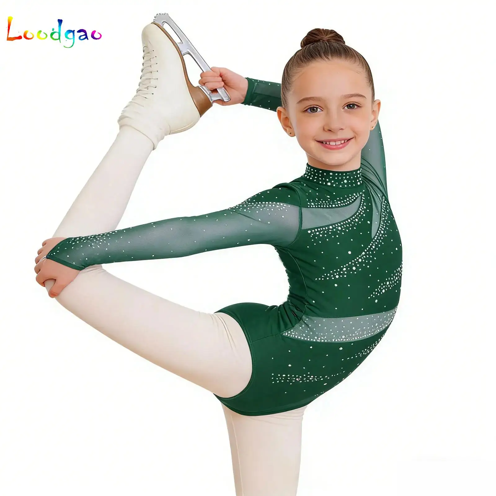 

Kids Girls Shiny Rhinestones Bodysuit Rhythmic Gymnastics Artistic Figure Skating Ballet Jersey Dance Leotard Practice Costume