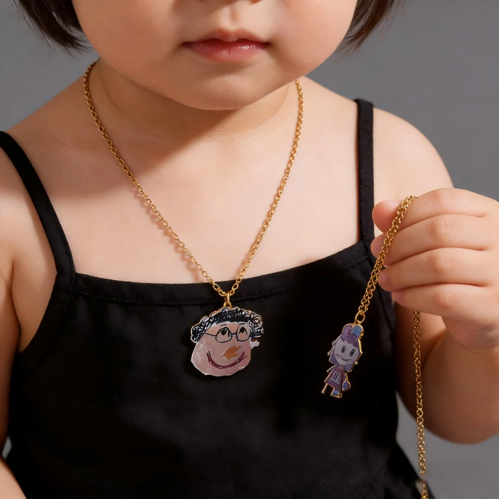 Custom Kids Drawing Picture Necklace Personalized Children Artwork Pendant Stainless Stee for Kids Mom Family Jewelry Gifts