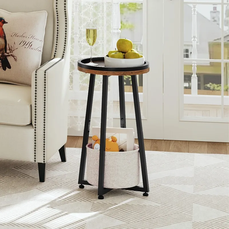 

Small Round Side Table, 2 Tier Round Sofa End Table, Compact Lamp Accent with Fabric Storage Basket for Living Room Small Space