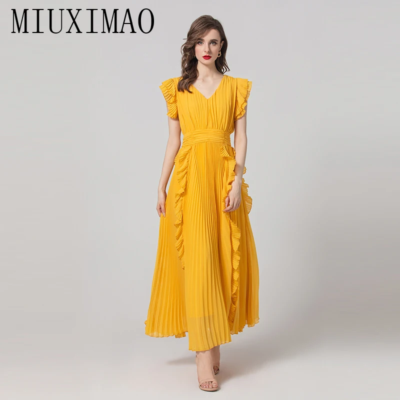 

MIUXIMAO 2024 Summer Elegant Pretty Dress Women's Yellow V-Neck Ruffles Splice Irregularity Draped Travel Long Dress Vestides