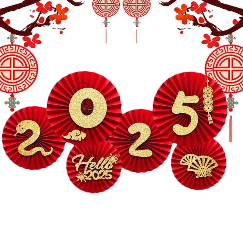 6PCS Chinese New Years Paper Fans Lunar New Year Decorations 2025 Chinese New Year Wall Decor Paper fan flower decoration