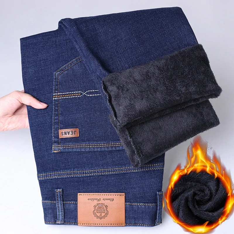 New Winter Men Fleece Warm Jeans Classic Style Business Casual Thicken Velvet Slim Denim Pants Brand Trousers Male Size 28-42