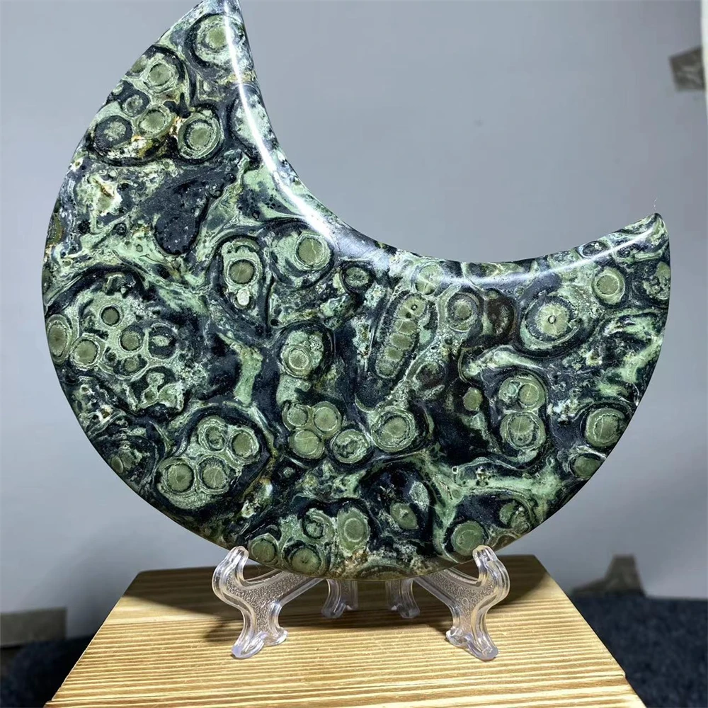Kalbaba Moon Green Peacoc Eye Stone Quartz Crystal Natural Carving Reiki Healing Ornamental Mineral Home Decoration Gem +Stand