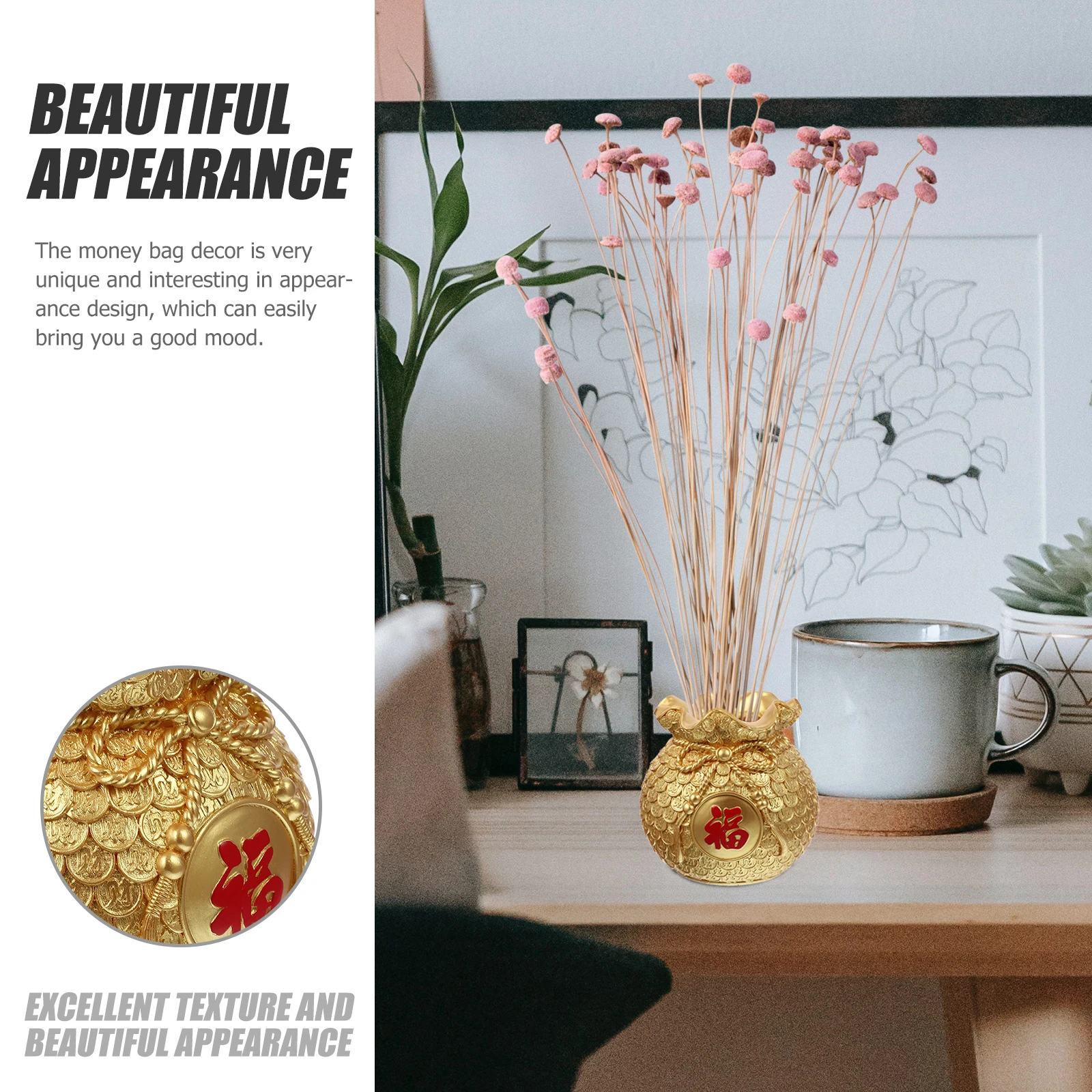 

1pcs Creative Money Bag Shape Resin Flower Decorative Desktop Home Vase Ear Of Wheat Aesthetic Bedroom Centerpiece Luck Vase