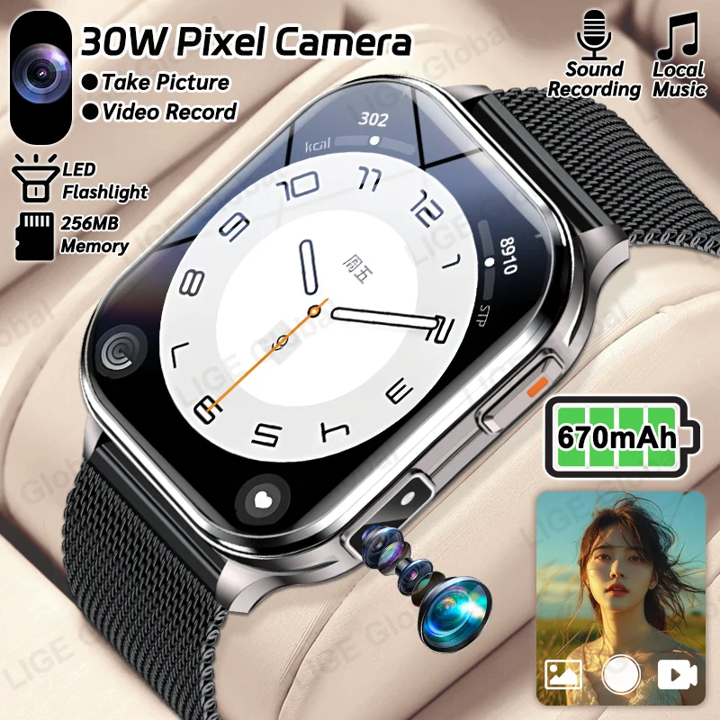 

LIGE New Smart Watch Men Women Camera Take Photos Record Video 256MB Local Music Health Monitor Sport Fitness BT Call Smartwatch