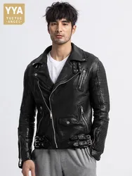 Italian Runway Luxury Mens Sheepskin Genuine Leather Jacket Fashion Slim Fit Short Zippers Moto Biker Coat Punk Style Outwear