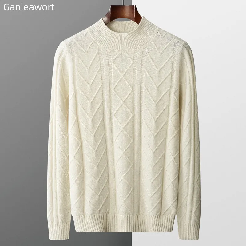 Mannen Verdikte Trui 100% Zuivere Wol Trui Lange Mouwen 2023 Herfst Winter Nieuwe Half-Hoge Hals Jacquard trui Bottom Tops