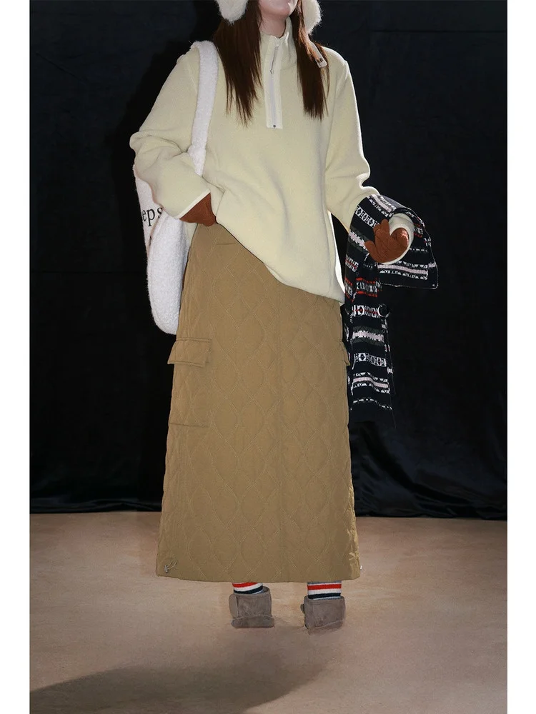 

Теплая юбка с высокой талией для женщин больших размеров, корейский стиль, А-силуэт, из нейлоновой ткани, повседневная, с пуговицами