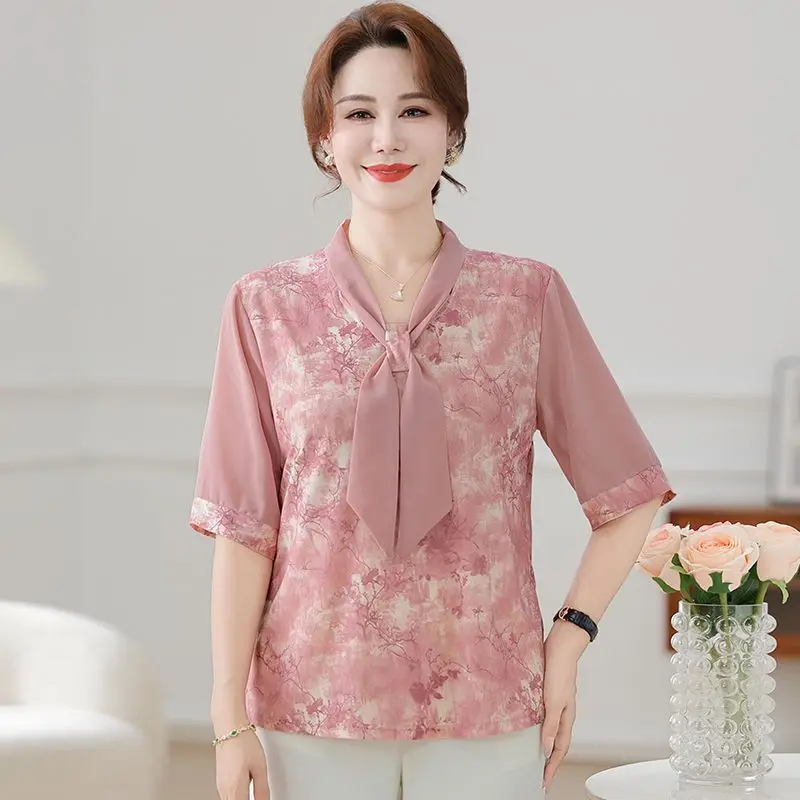 Summer Clothing for Middle Aged and Elderly People Fashionable Short Sleeved T-shirts Summer Temperament Loose Shirts