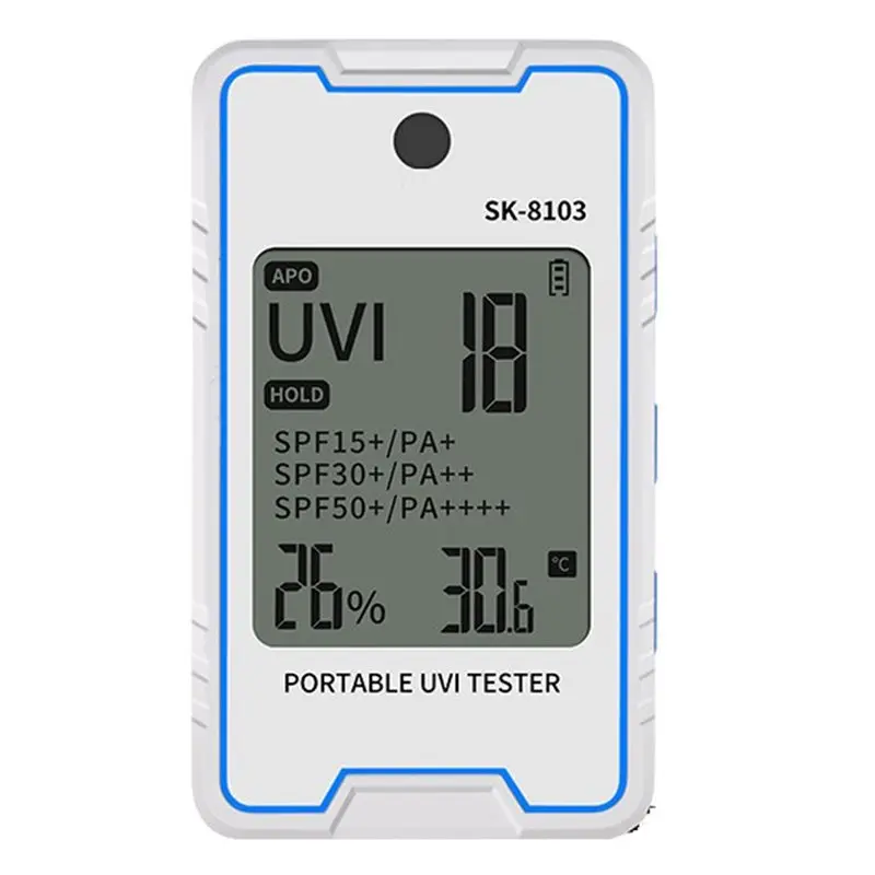 b23b-uv検出器-sk-8103。携帯型uv指数測定器。紫外線量と温度・湿度を表示し、屋外での日焼け止め効果を確認できます。
