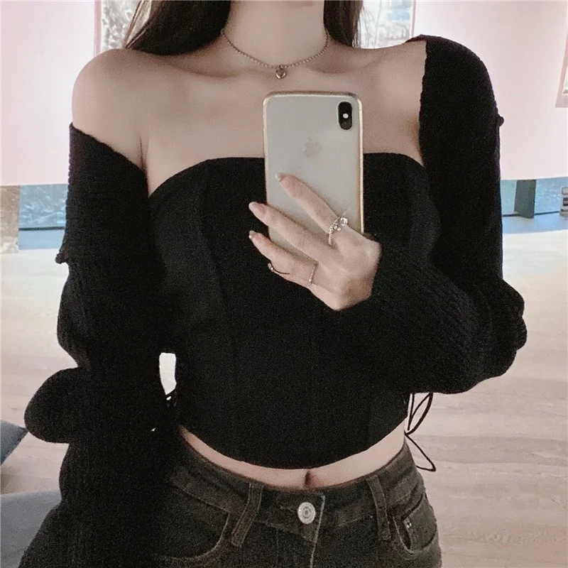 2022 Spring Fashion Women Suit Sexy Bra Drawstring Bandage Vest Top Black Knitted Cardigan Hot Girl Two-piece Set Female