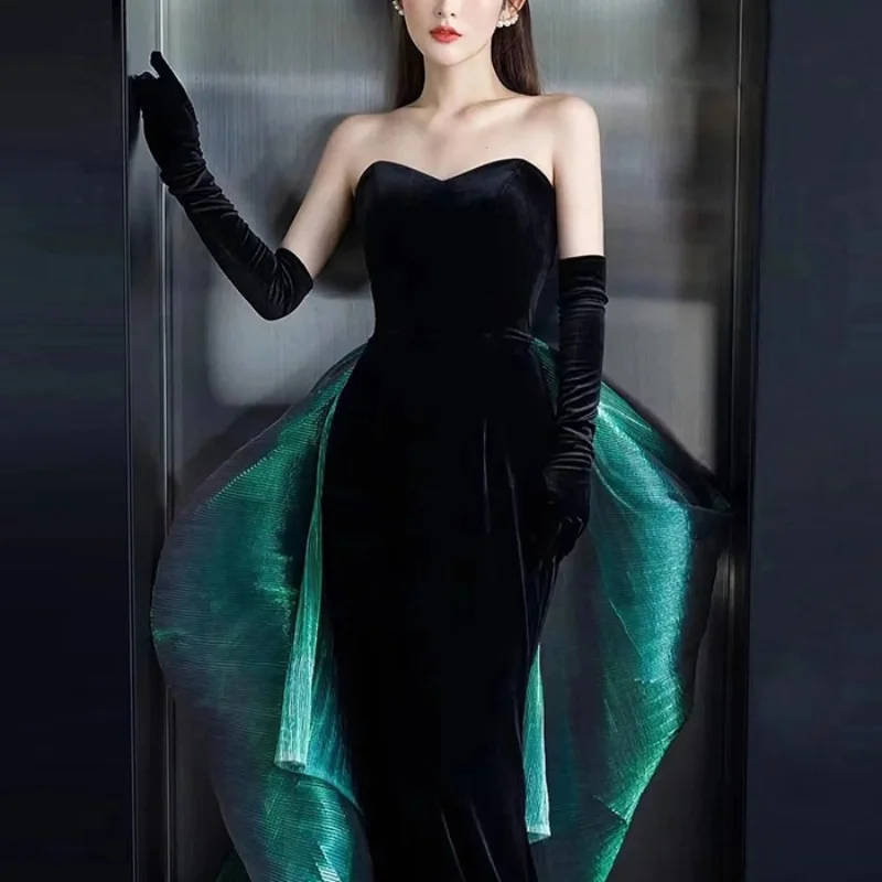 Customized Black Trumpet Evening Dress 2024 New Strapless Formal Robe Women Elegant Temperament Slim Waist Patchwork Bow Wedding