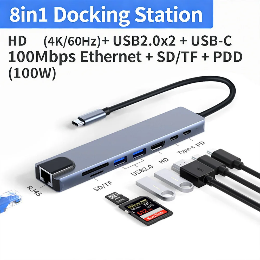 8-in-1 USB C Docking Station, 4K HDMI Adapter with 100W PD Fast Charging, Gigabit Ethernet, 2xUSB, SD/TF Card Reader for Laptop