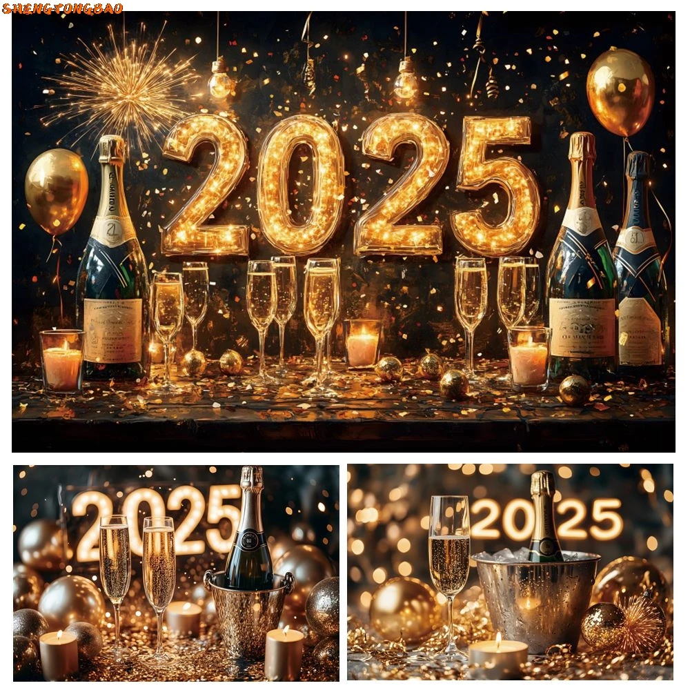 

Happy New Year Backdrop Beer Wine Glasses Glitters Firework New Year's Eve Family Party Photography Background Decor Photostudio