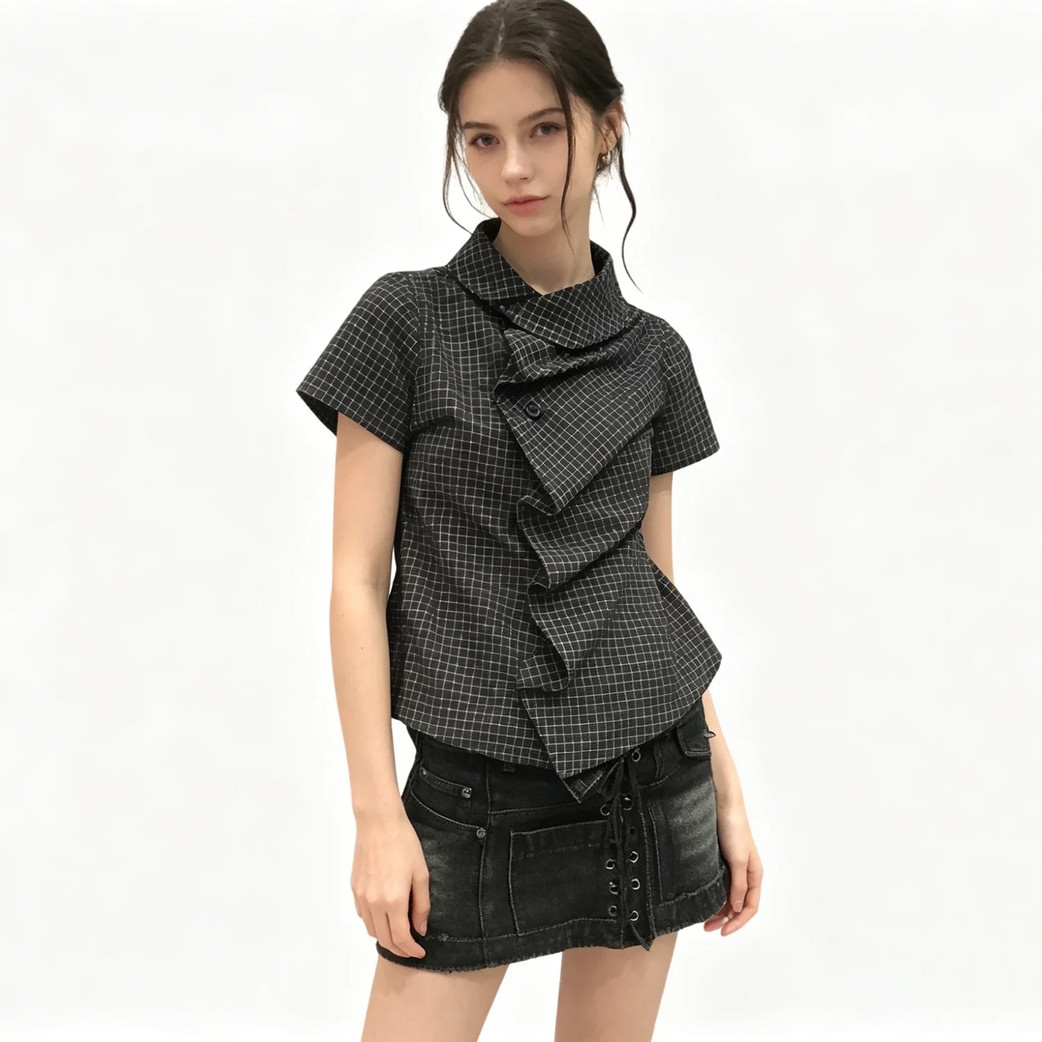 

PUAL Irregular Ruched Grid Blouse, Lapel Short Sleeve Slim Fit Shirt, Elegant Office Commute Top, Unique Asymmetric Design