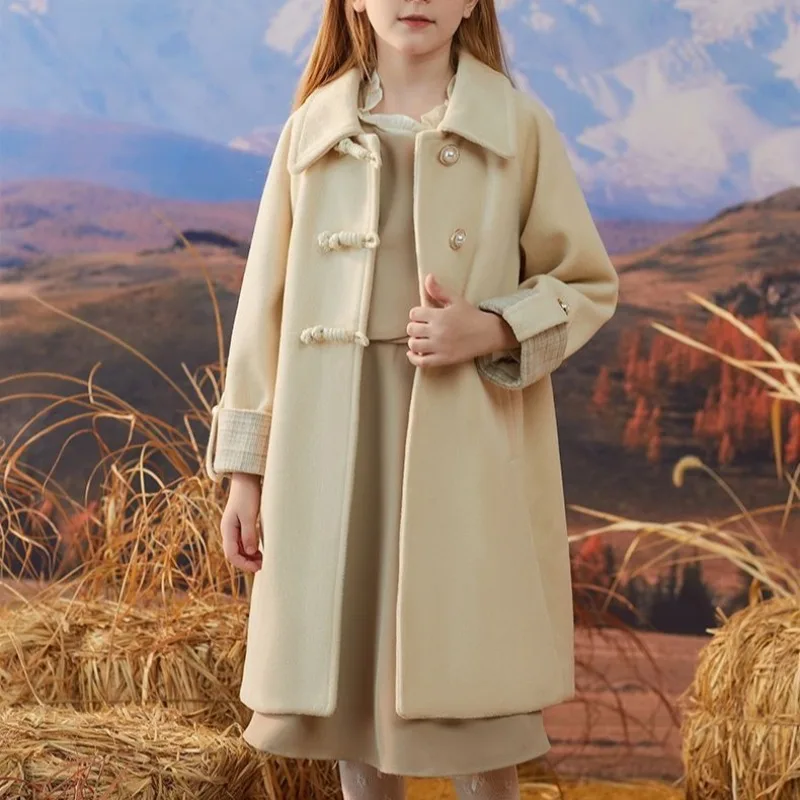 High End Stylish Autumn Winter Girl's Wool Coat with Thickened Insulation Mid Length Thermal Winter Wear for Children
