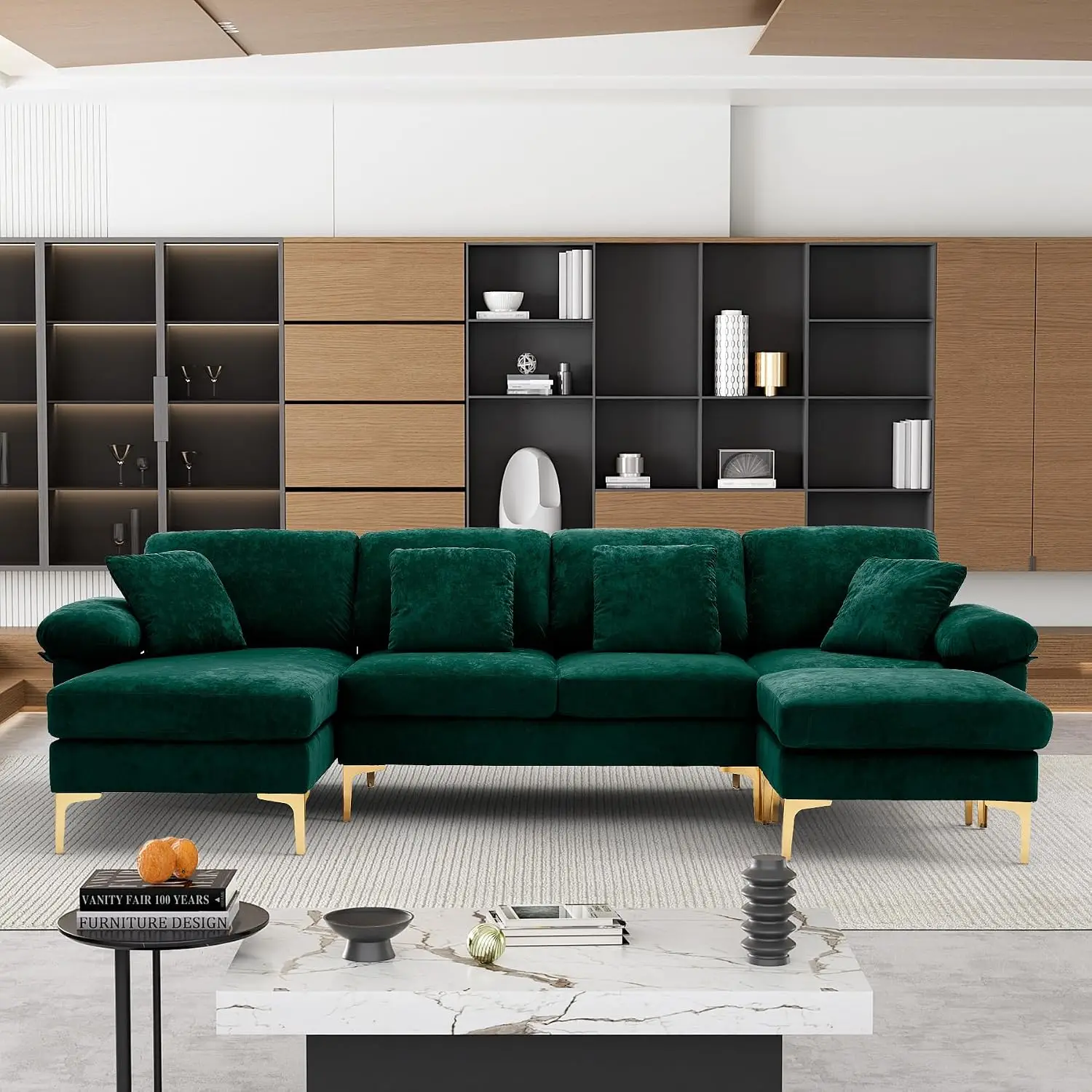 U-Shaped Sectional Sofa, 4 Seat Velvet Sofa Set with Chaise Lounge, Ottoman & Pillows, 114 Inch for Living Room, Customized