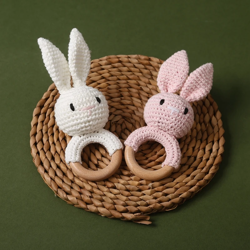 1pc Baby Crochet Rabbit Music Rattle Teether Wooden Ring Rattle Toys Soother Bracelet Mobile Crib Toys For Newborn Gifts Teether