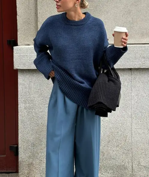 

Autumn and Winter New Solid Color Casual Lazy Pullover for Women, Simple and Loose Solid Color Knitted Round Neck Sweater