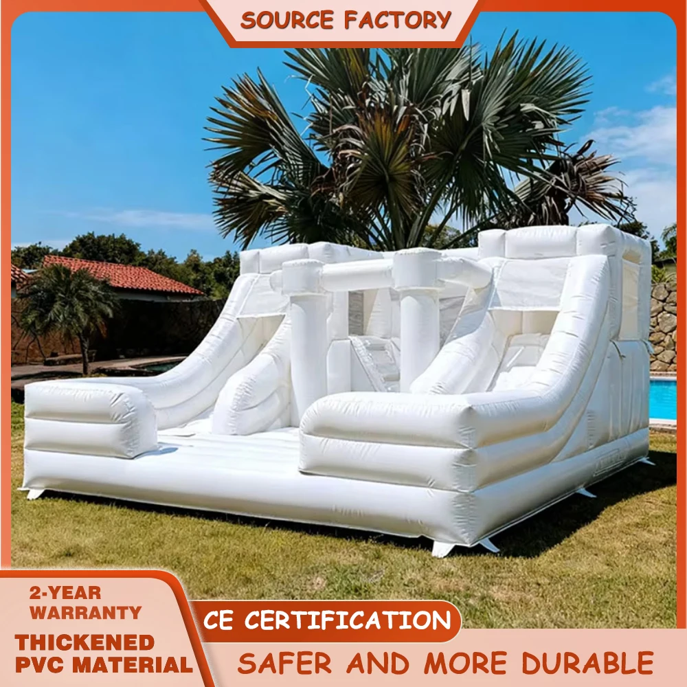 

Коммерческий надувной батут-замок белого цвета с двумя водными горками, уличный батутный комплекс для детей и взрослых на вечеринки