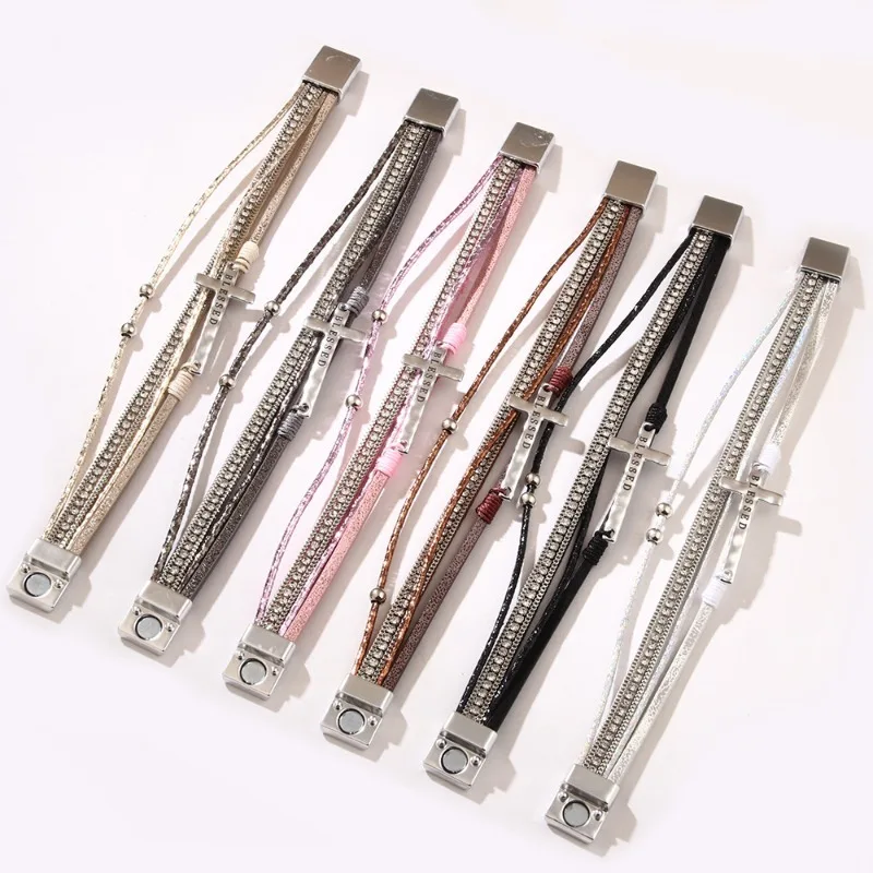 سوار بوهيمي من جلد البولي يوريثان للنساء والرجال قابل للتعديل فكرة هدية مجوهرات الإيمان الديني المسيحي