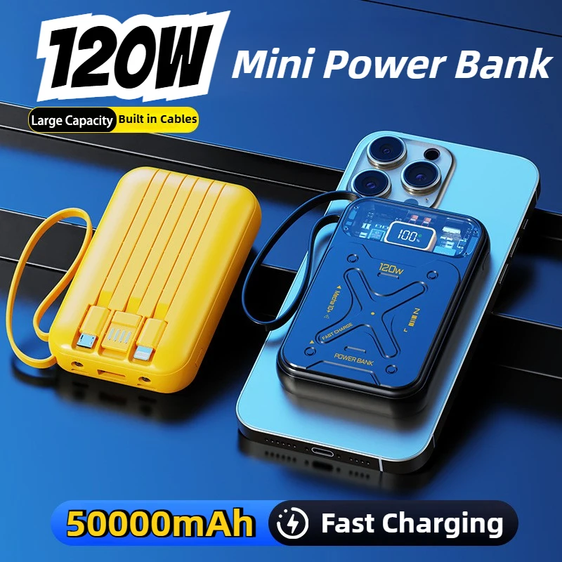 

Powerbank большой емкости 50000 мАч, 120 Вт, внешний аккумулятор с быстрой зарядкой, встроенный кабель, портативный внешний аккумулятор для IPhone Xiaomi