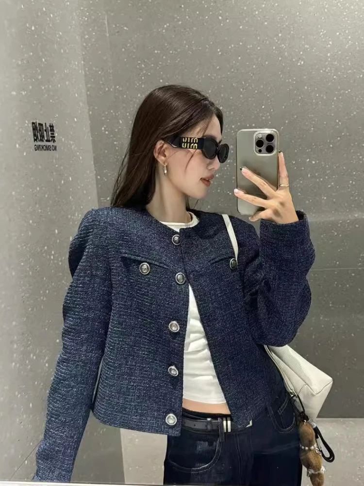 

Korean Fashion Women's Short Coat New in Autumn and Winter Office Lady Dark Blue Tweed Long Sleeve Crew Neck Elegant Jackets