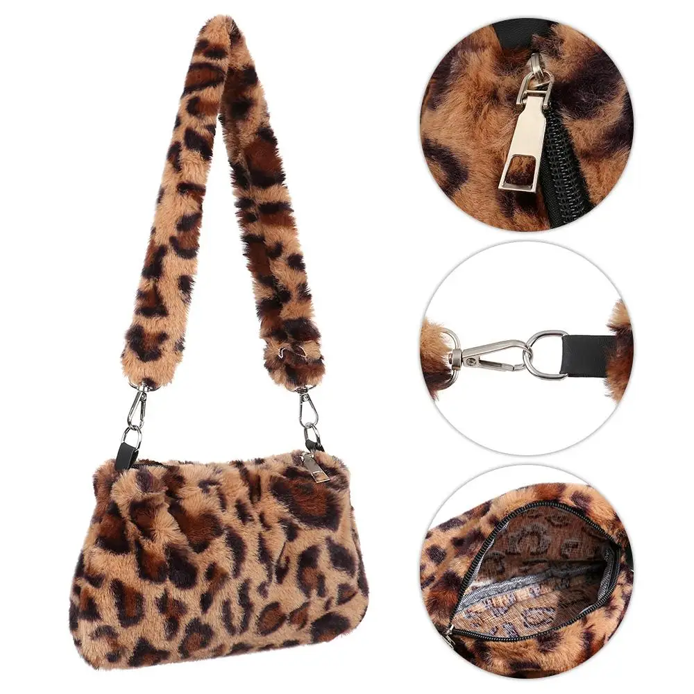 Casual Women\'s  Handbags Underarm Bags Leopard Plush Shoulder Bags  Animal Print Bag Messenger Bags Crossbody Bags