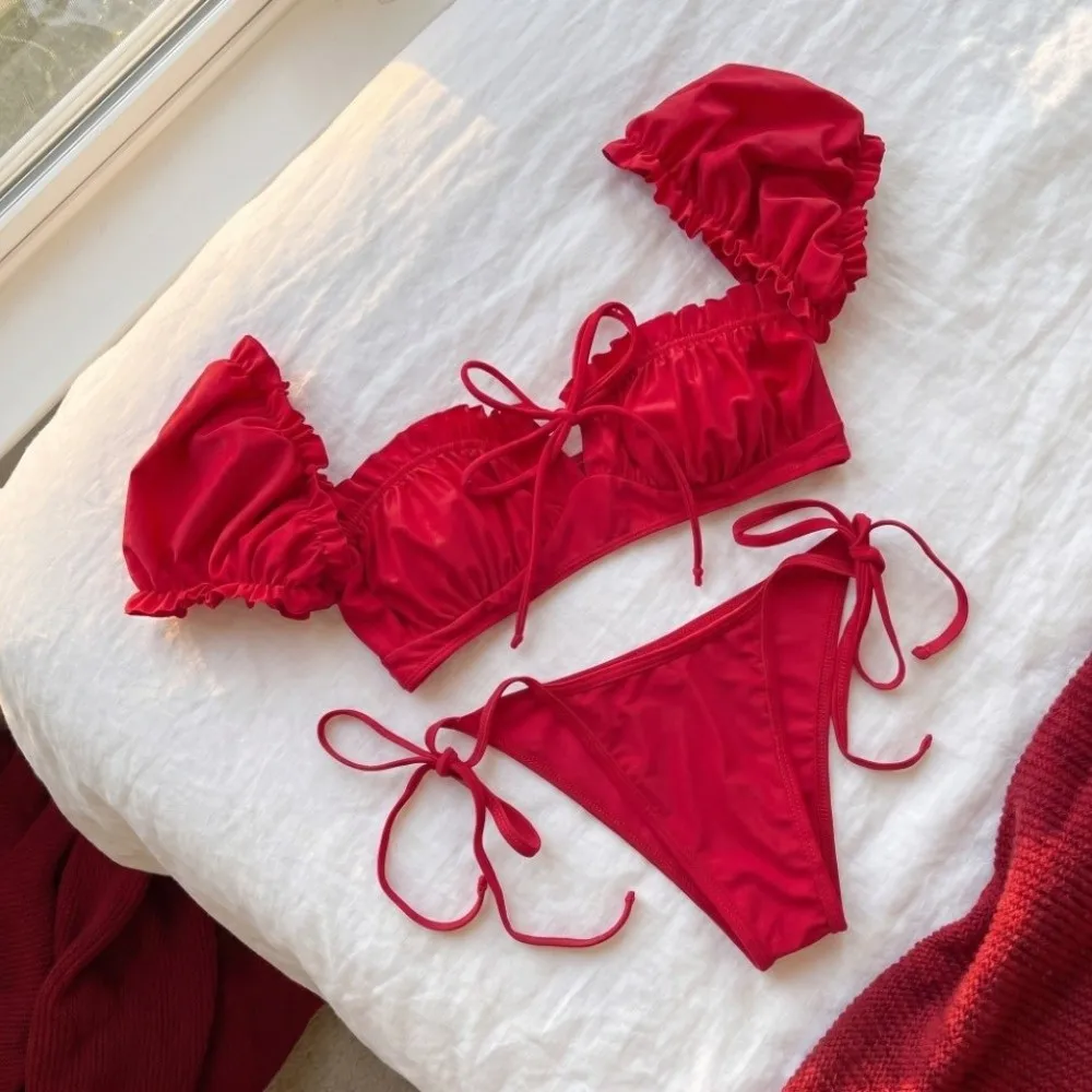 3Pcs Fashion Ruffle Three Pieces Bikini Suit Split Swimsuit Slim Fit Swimwear Set Summer Y2k Beachwear Clothing Vacation
