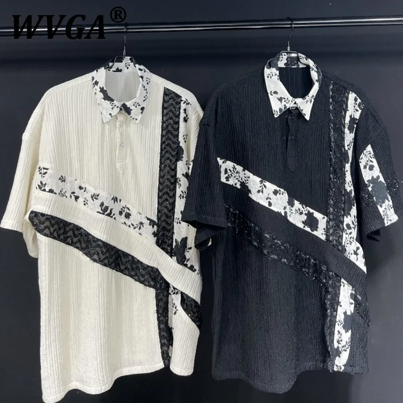

WVGA Spring Summer New Man Tide High Street Floral Patckwork Draped Trendy Short Sleeve T-shirt Niche Chic Casual Tops Ins W9519