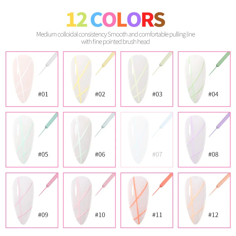 12Pcs Candy Nail Art Liner Gel Nail Polish Kit 8ml Metalen Glitter Gel Week Off UV/LED Schilderlak Tekening Nail Manicure Kunst