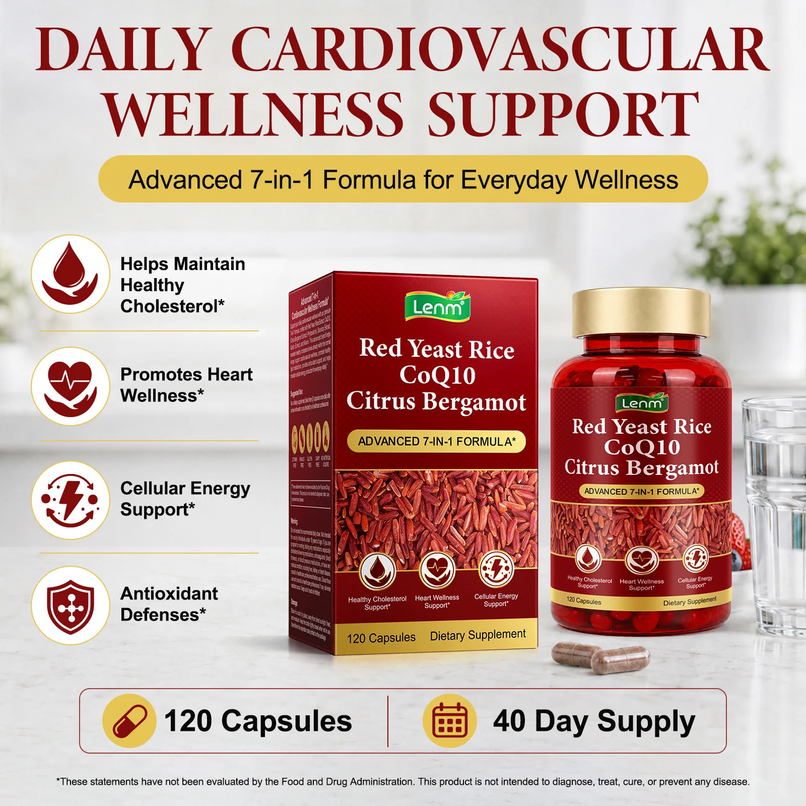 Red Yeast Rice CoQ10 Citrus Bergamot Capsules 300mg, 7-in-1 Formula with Phytosterols Vitamin B3 Supports Heart Wellness 120 Ct