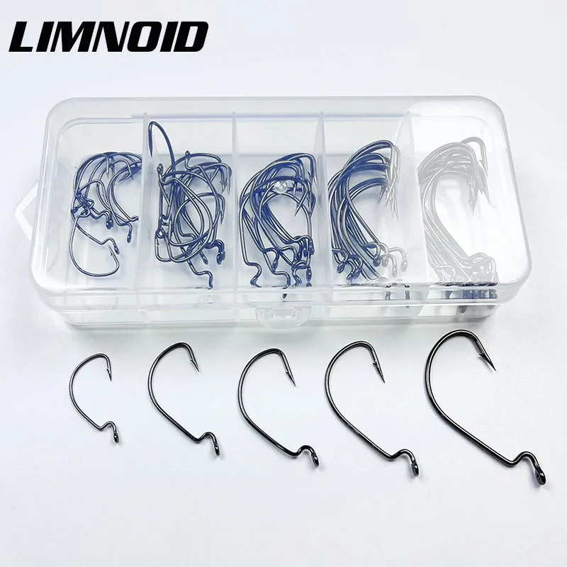 Limnoid 50-teiliges Hakenset aus Hochkarbon-Stahl, Scharfe Angelhaken in 5 Verschiedenen Größen für Weichplastikköder, Unkrautfreie Rig-Ausrüstung für Barsch und Hecht