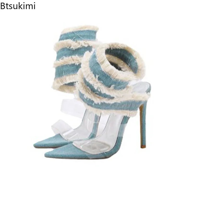 New 2025 Women's Pointed Open Toe Denim Wrapped High Heels Sandals Sexy Runway Color Blocking Oversized Slim Heeled Female Shoes