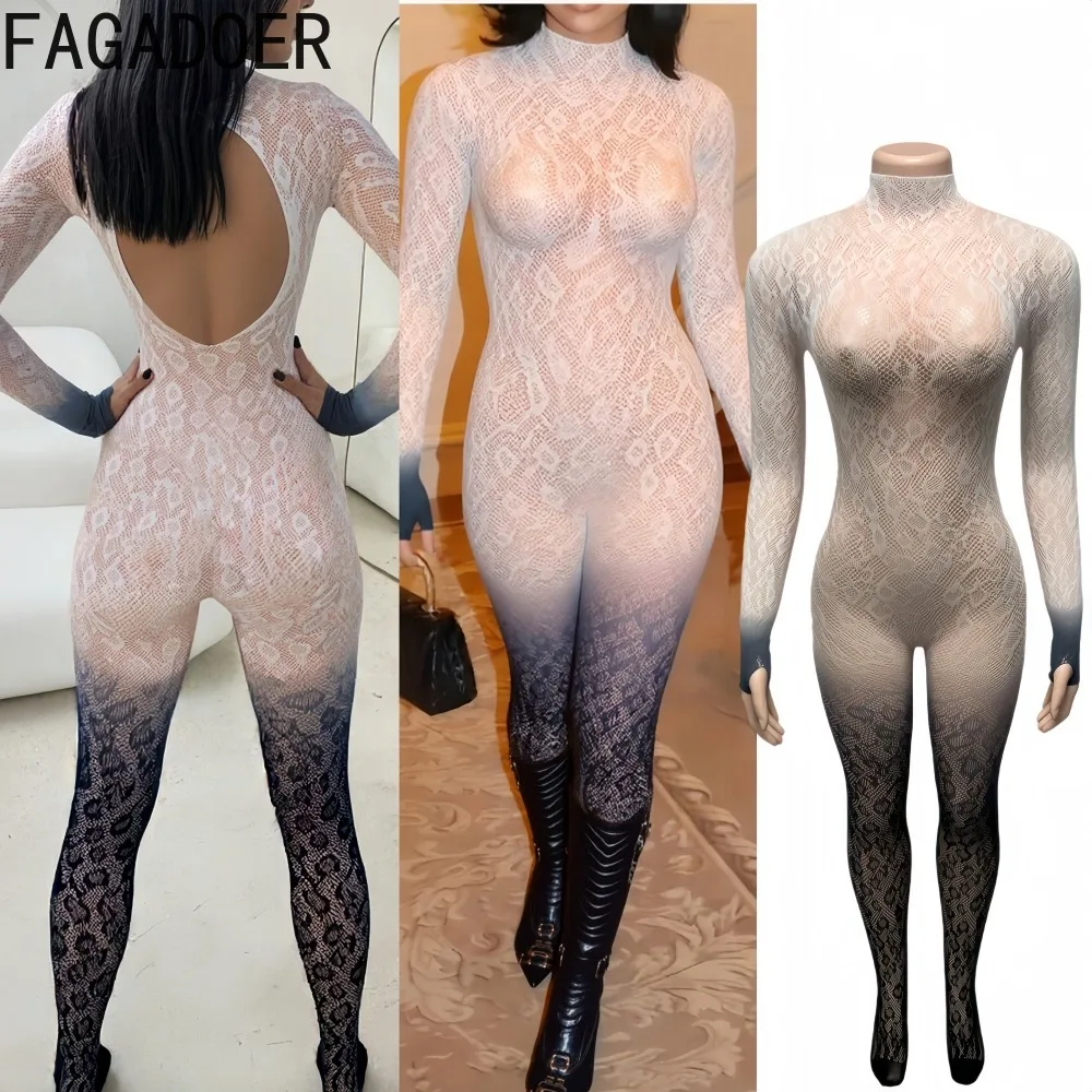 

FAGADOER Sexy Lace Hollow-out Patchwork Bodycon for Jumpsuits Woman Gradient See Through Rompers Female Party Clubwear Overalls