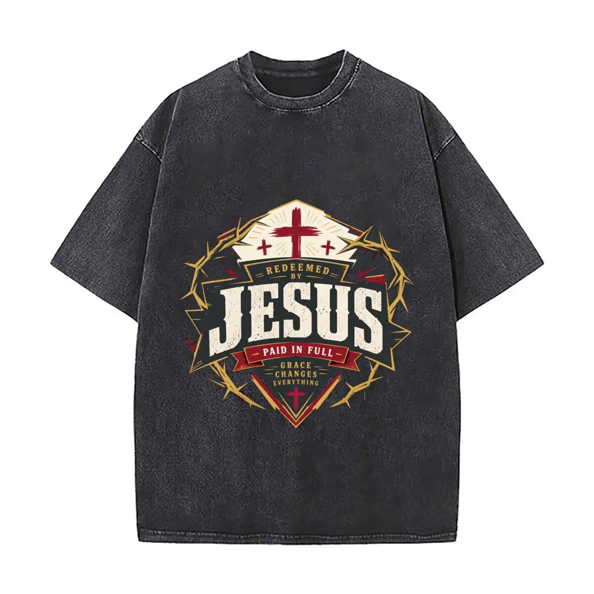 T-shirt vintage délavé à manches amples avec emblème épine biblique Faith Victory pour le quotidien