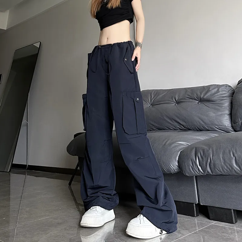 WCFCX STUDIO American High Street Overalls Women Casual Loose Slim Mopping Pants Y2k Drawstring Design Wide Legs Pants