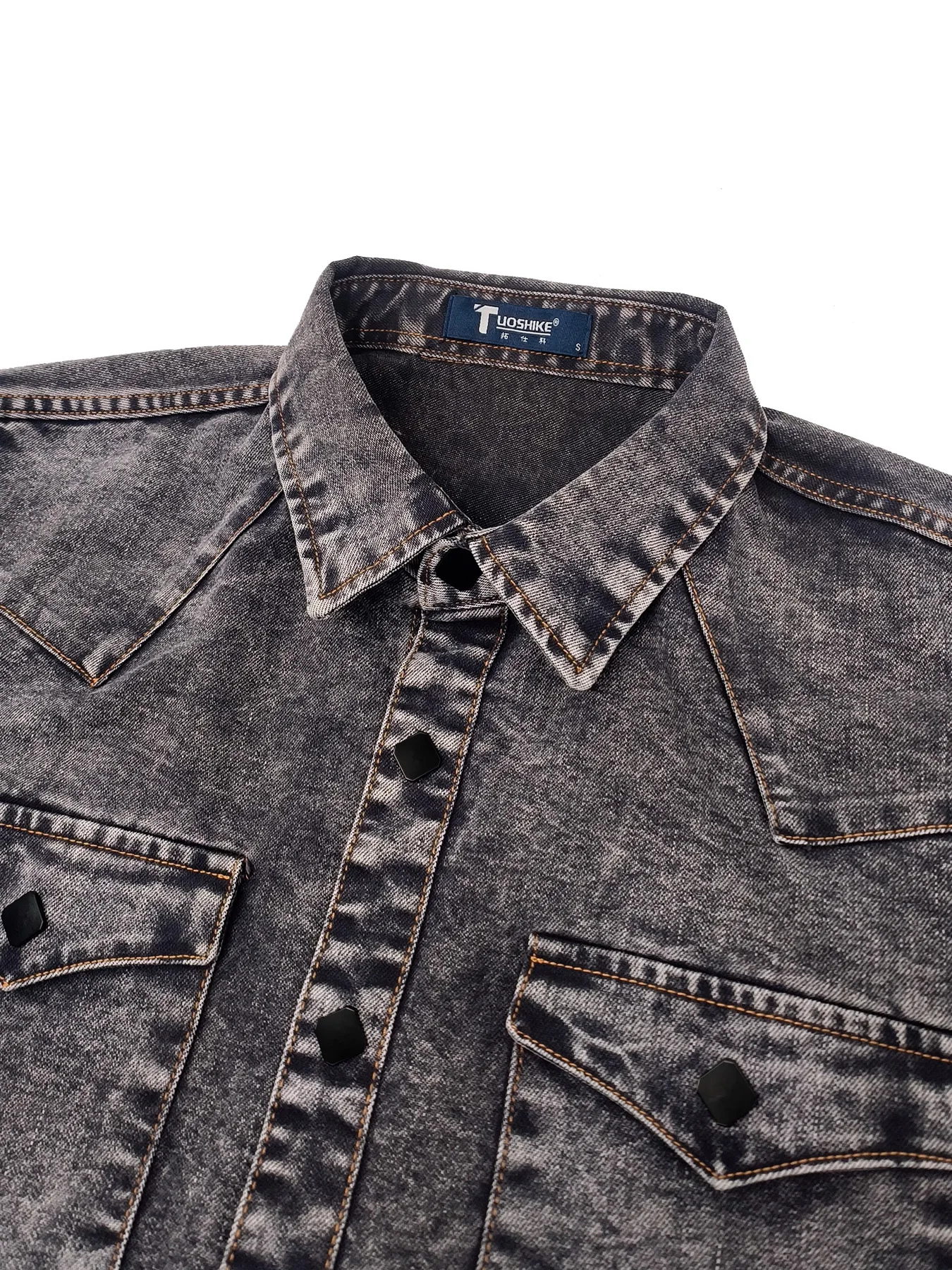 Spring and Autumn Men's Denim Shirt, Vintage Distressed Grey-Tone Denim Shirt, Western Style Pointed Collar with Double Patch Pockets, Hand-Washed Distressed Casual Workwear Long-Sleeve Top, Outerwear or Innerwear for Fall, view 3