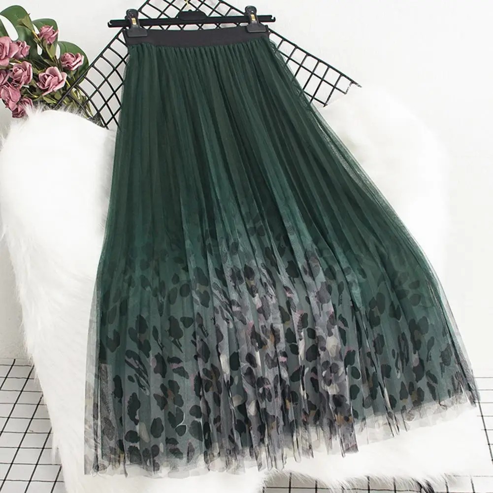 Women Midi Skirt Elastic High Waist A-Line Skirt Leopard Print Mesh Yarn Autumn Winter Skirt Loose Fit Pleated