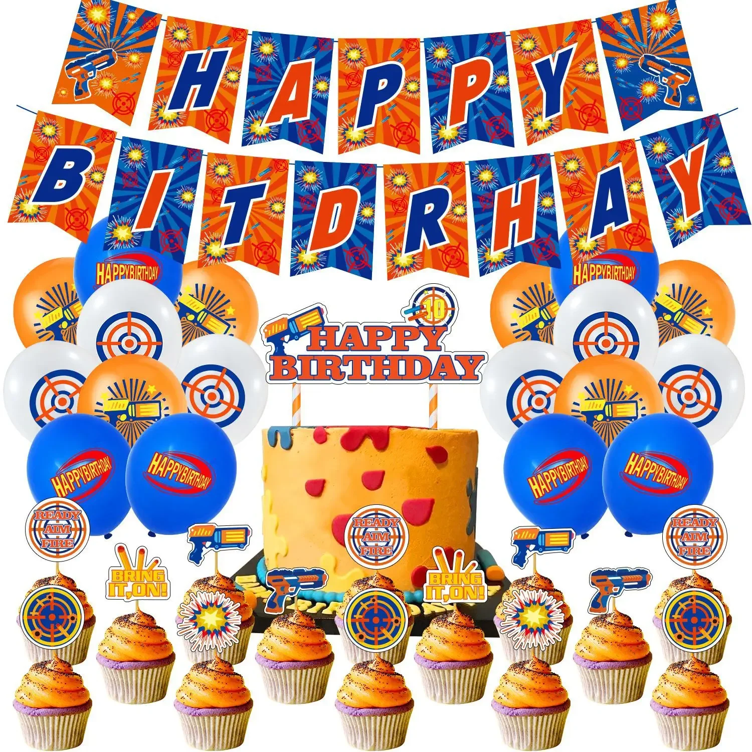 CHEEREVEAL Darts Theme Blue Orange White Latex Balloons Pistol Cupcake Toppers Banner for Boy 1st 3rd Birthday Party Decoration