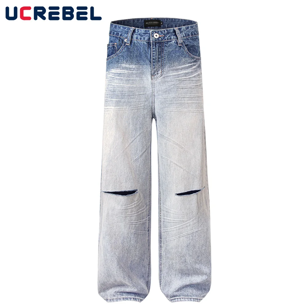 

Gradient Dyed Ripped Jeans Mens Washed Distressed Moustache Effect High Street Loose Wide leg Denim Pants Men