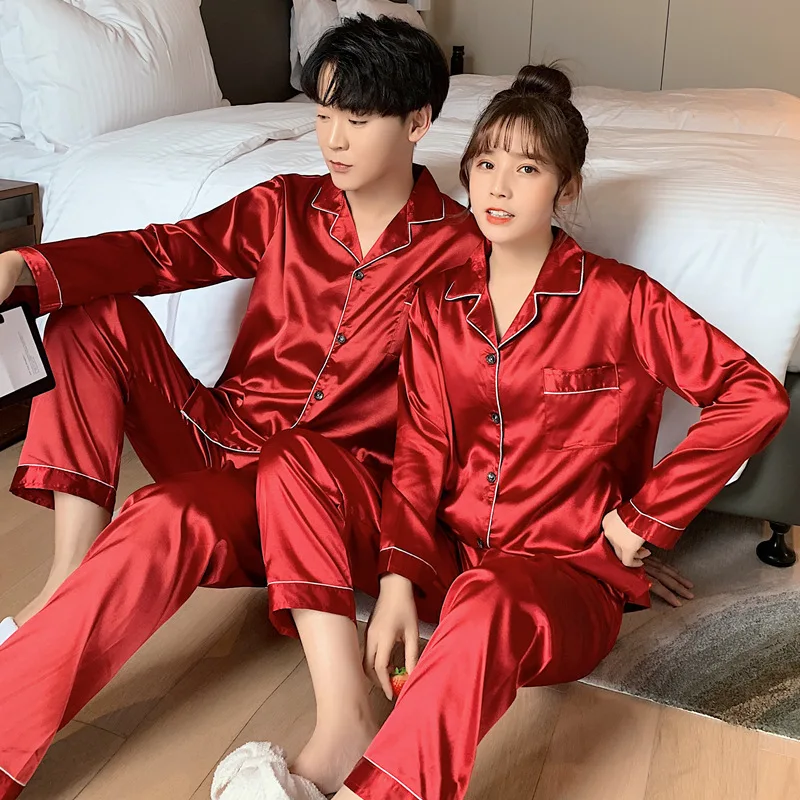 Solid Color Pajamas for Couples Silk Satin Men\'s Women\'s Full Sleeves New Sleepwear Home Clothes Suit Male Pijama Big Size Set