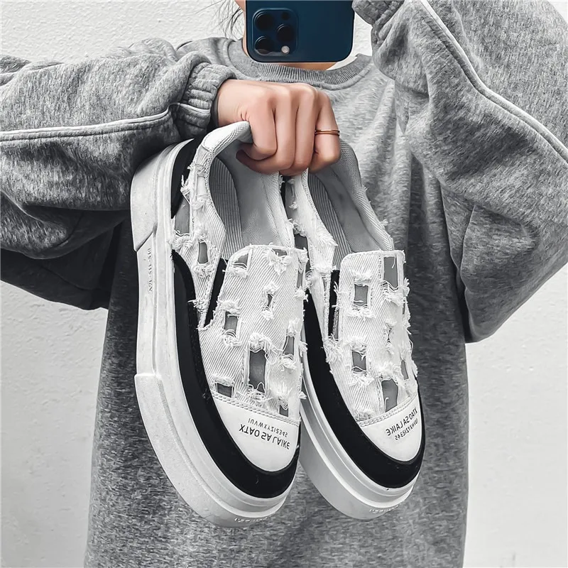 

Туфли мужские холщовые без шнуровки, толстая подошва, Повседневные Дышащие, плоская платформа, для фитнеса, прогулок, модные лоферы, 2024